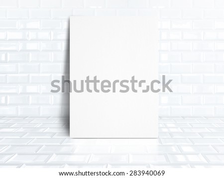 blank white paper poster at white tiles ceramic room,Business mock up for display your design.