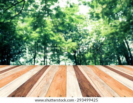 Empty perspective room with blurred green tree forest and wooden plank floor,Template mock up for display of your product.