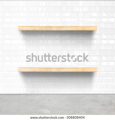 white tile room and concrete flooring with wooden shelf, Mock up for display of product.