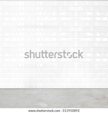 Room perspective,white ceramic tile wall and cement ground.
