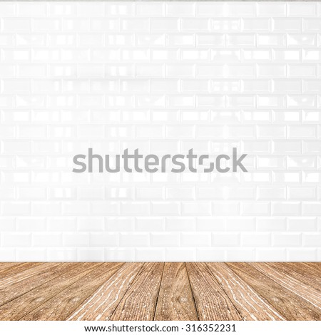 Room perspective,white ceramic tile wall and wooden ground, Mock up template for display of product