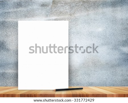 paper poster and pencil on grunge stone wall and wood floor,Mock up for display of product and content