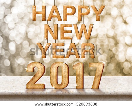 Happy New Year 2017 wood texture on marble table with sparkling bokeh wall,Holiday greeting card concept