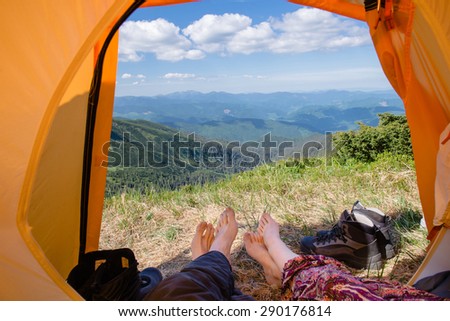 View from tourist tent inside on the mountain landscape