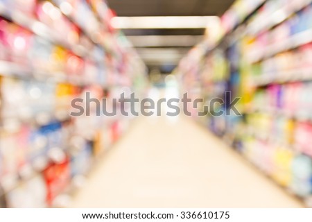 blur supermarket convenience store product shelf with bokeh for background
