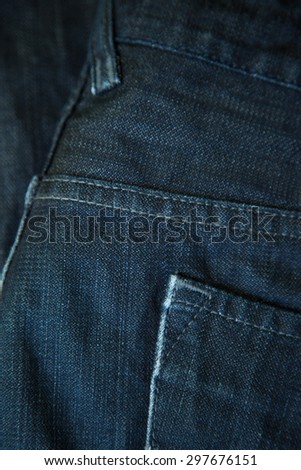 Closeup detail of dark blue jean fabric texture background.