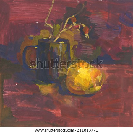 still life with mug and pear, drawn paint