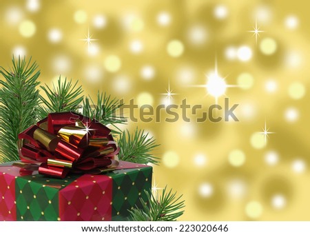 red green and gold present with pine branches and bokeh background