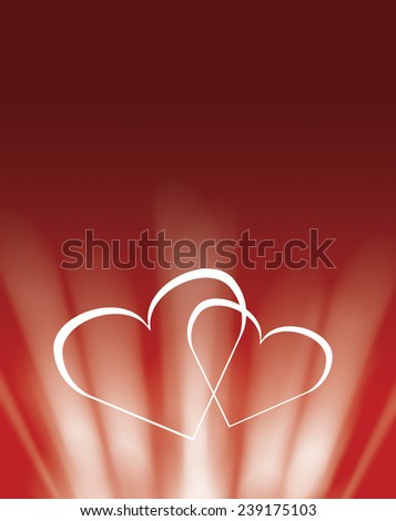 two white hearts and sun rays gleaming red valentine\'s day card background illustration