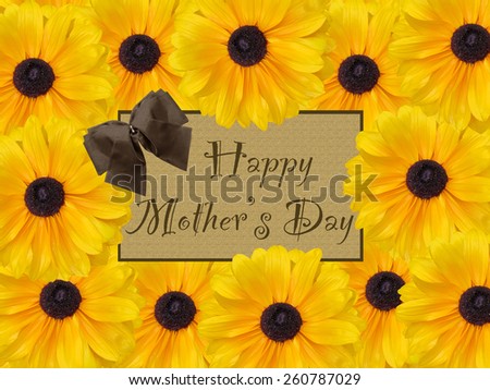 Happy Mother\'s Day brown rustic card with bow and yellow daisy flower background