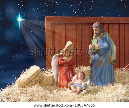 Nativity Scene with Star of David at Night with Hay and Barn Board