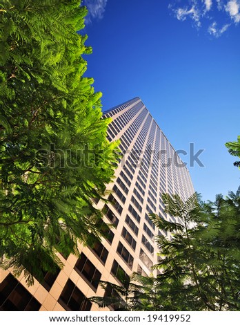 office building behind green trees