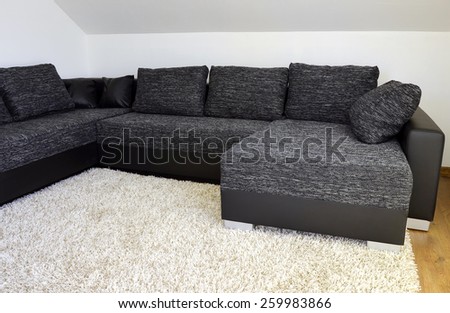 Modern black and white cloth sofa with black leather and pillows on shaggy carpet