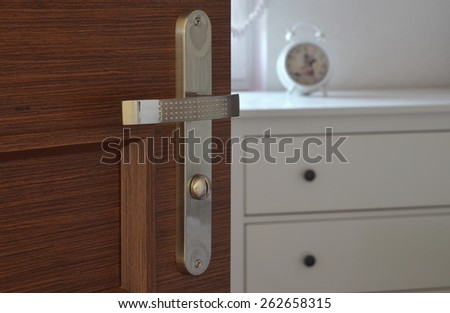 View from open modern wooden door with chrome metallic handle to romantic room with white furniture