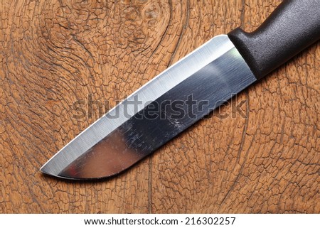 Stainless steel knife with black handle putting on the old wood in brown color represent the useful cutting tool in the kitchen.