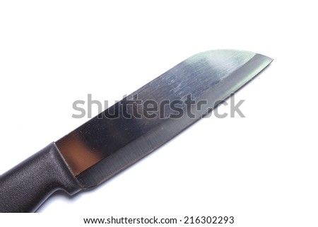 Stainless steel knife with black handle putting on the isolated white background represent the useful cutting tool in the kitchen.
