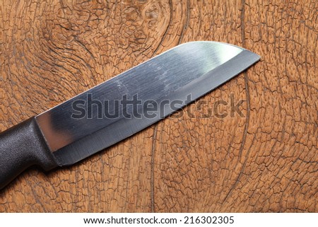 Stainless steel knife with black handle putting on the old wood in brown color represent the useful cutting tool in the kitchen.