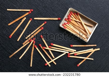 Matchsticks and match box put on the black color leather surface as a background represent the flammable material.