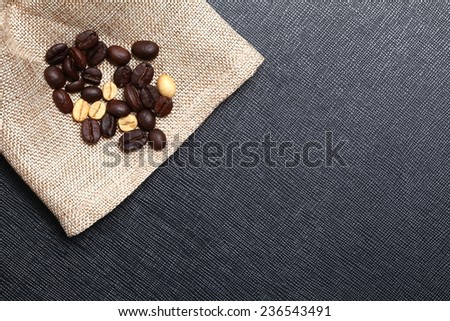 Coffee bean put on the coffee bean sack in the scene appear the back color leather background.