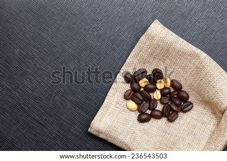 Coffee bean put on the coffee bean sack in the scene appear the back color leather background.