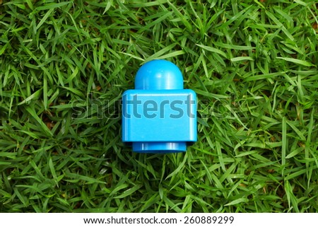 Old brick toy blue color put on the green color grass represent the outdoor toy concept idea related.
