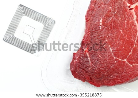 The fresh cow beef in food grade transparent packaging and rfid tag represent the food raw material and meat concept related idea.