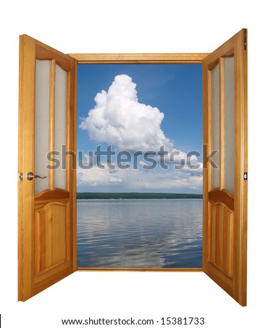opened two-leaf wooden door and cloudy landscape isolated with clipping path