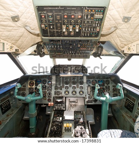 russian airplane cockpit. equipment and controls closeup