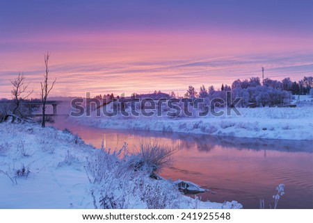 Winter dawn in the Moscow region. Frost