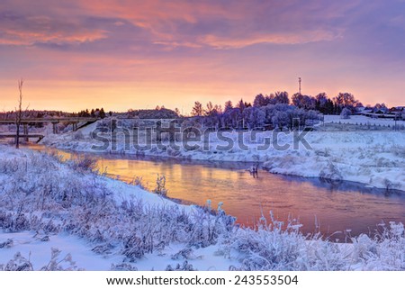 Colorful winter dawn in the Moscow region. Frost