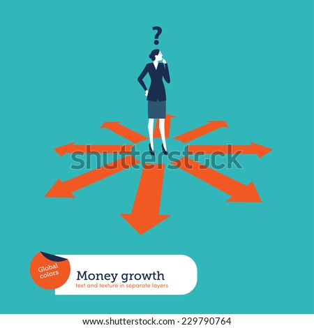Businesswoman doubting which direction is the best. Vector illustration Eps10 file. Global colors. Text and Texture in separate layers.