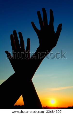 Human hands against the sunset sun