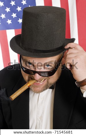Man with cigar welcomes against the background of american flag