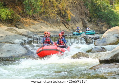 CHIANG MAI, THAILAND - FEBRUARY 27 : White water rafting on the rapids of river Maetang on FEBRUARY 27, 2015 in Chiang Mai, Thailand.  Maetang river is one of the most dangerous rivers of Thailand.