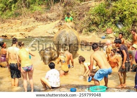 CHIANG MAI, THAILAND - MARCH 9 : People can opportunity to experience the lifestyle of elephants and wash elephant in river. (no hook, no chain, no riding) on MARCH 9, 2015 in Chiang Mai, Thailand.
