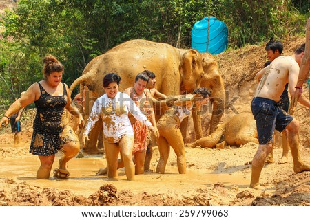 CHIANG MAI, THAILAND - MARCH 9 : People can opportunity to experience the lifestyle of elephants and mud spa with the elephant. (no hook, no chain, no riding) on MARCH 9, 2015 in Chiang Mai, Thailand.