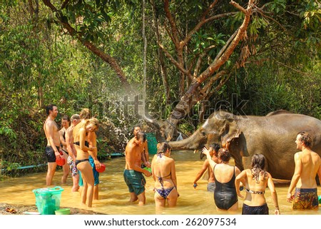 CHIANG MAI, THAILAND - MARCH 14 : People have opportunity to experience the lifestyle of elephants and wash elephant in river. (no hook, no chain, no riding) on MARCH 14, 2015 in Chiang Mai, Thailand.