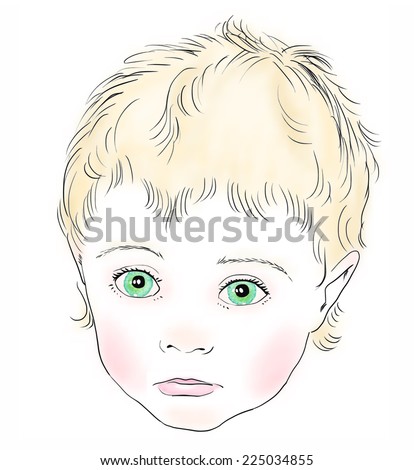 A face of small blond child with sad emotion. Vector sketch with color elements, isolated on white background.