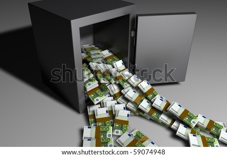 Stacks of 100 Euro bills falling out of an open safe.