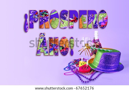 Prospero Ano Happy New Year card in Spanish for New Years Eve invitation or as holiday card 2012 still life with champagne bottle and flutes, noisemakers, party hat, beads on purple background