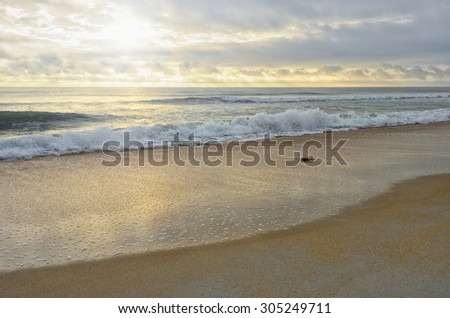 Heart shaped rock on beautiful sandy beach, cloudy sky, sun rays, reflections, and rolling waves in the blue hour just after sunrise, Palm Coast, Florida, USA in autumn.