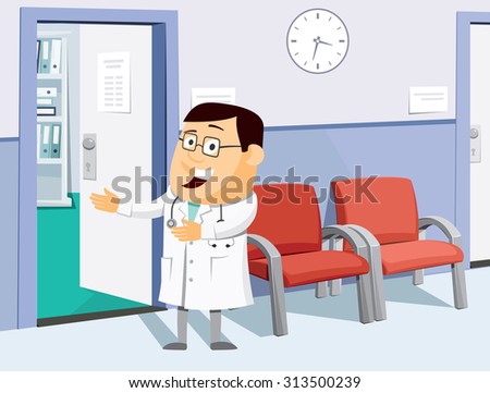 The best medical health care. Funny doctors private practice. Health Center. Vaccination. Waiting room at the doctor. Simple cartoon vector illustration.