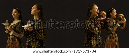 Chocolate and burgers. Medieval people as a royalty persons in vintage clothing on dark background. Concept of comparison of eras, modernity and renaissance, baroque style. Creative collage. Flyer