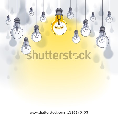 Light bulbs beautiful vector illustration with single one shining, idea concept, think different, stand out of crowd, creative inspiration. Composition with copy space for text.