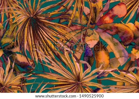 Ethnic Aloha Rapport. Exotic Foliage Bikini Background.  Tropical Seamless Pattern. Watercolor Horizontal Tropic Design. Palm Geometric Swimwear Pattern. Turquoise Green Palm Leaves Fun Texture.
