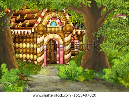 cartoon summer scene with path in the forest to some house made out of sweets - nobody on scene - illustration for children