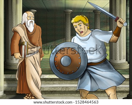 cartoon scene with roman or greek warrior - ancient character near some ancient building like temple illustration for children