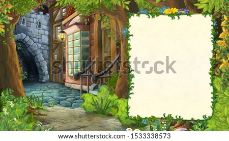 Cartoon nature scene with medieval city street - illustration for children
