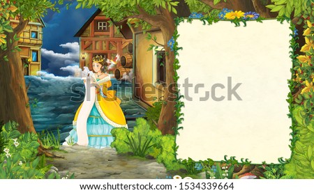 cartoon nature scene with medieval city street and with beautiful girl princess standing and reading - illustration for children