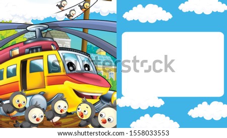 cartoon scene with cityscape with helicopter flying or landing with frame for text - illustration for children